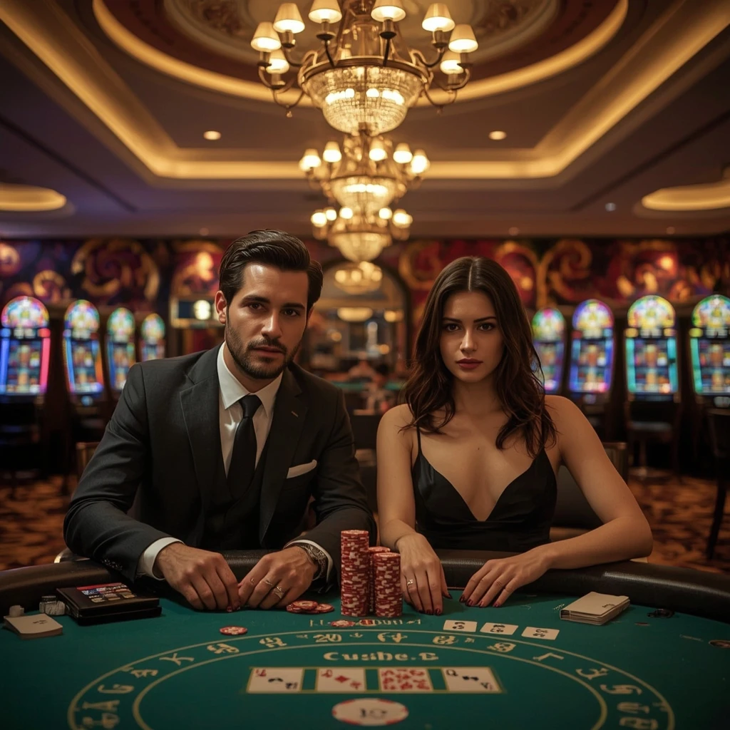 Two poker players in a SLOTASTIC CASINO